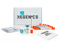 A box displaying the Regenexcs logo alongside vials, compounded syringes with orange caps, alcohol prep pads, and a booklet labeled "HGH & PEPTIDE PROTOCOL" with a note about Tirzepatide.
