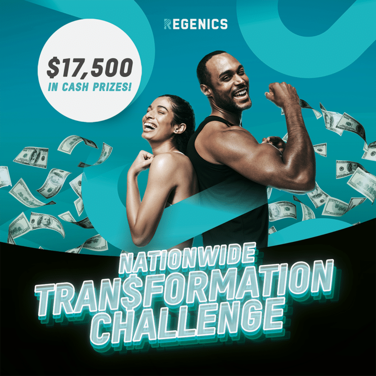 Two fit individuals smiling and posing back-to-back, with floating cash around them and text reading "WIN UP TO $17,500 IN PRIZES!" and "Join the Transformation Challenge" on a blue background.