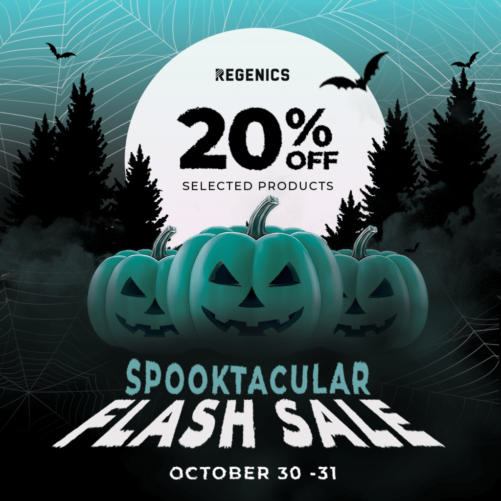 Regenics Spooktacular Sale poster with teal pumpkins, spiders, bats, and spooky trees. Text reads "20% off selected products" and "October 30-31.