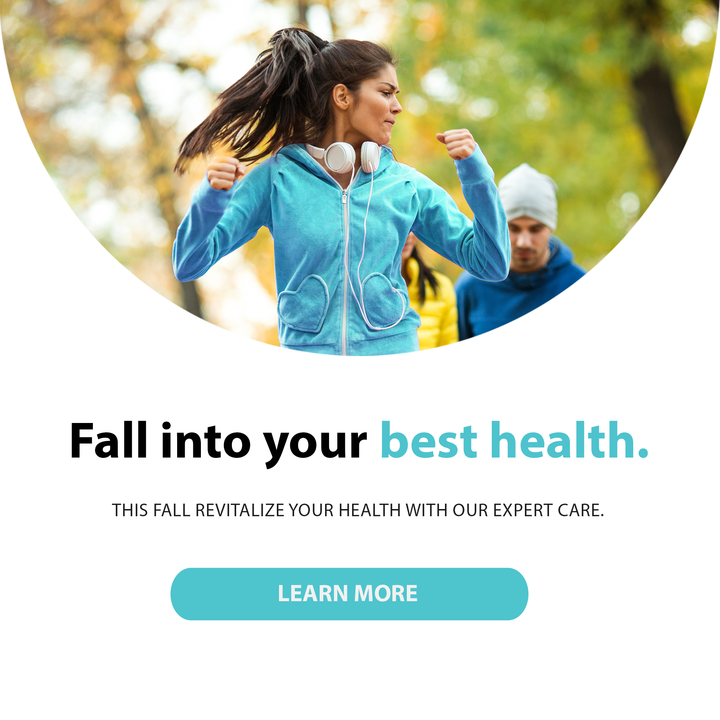 Woman jogging in autumn park, wearing headphones and a blue jacket. Text reads: "Fall into your best health. This fall, revitalize your well-being with Regenics' expert care. Learn more.