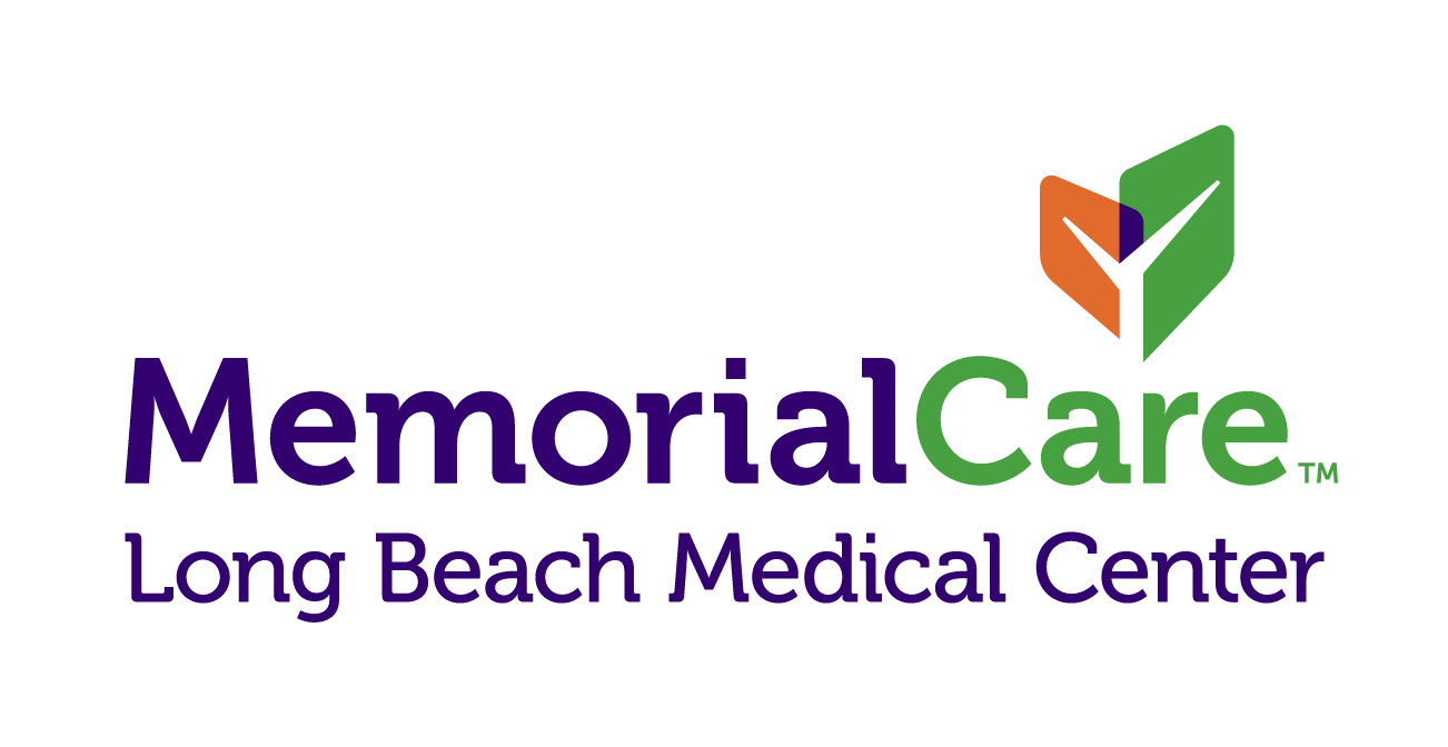 Logo of MemorialCare Long Beach Medical Center featuring purple and green text with an abstract green and orange symbol, embodying a prime design that stands out.