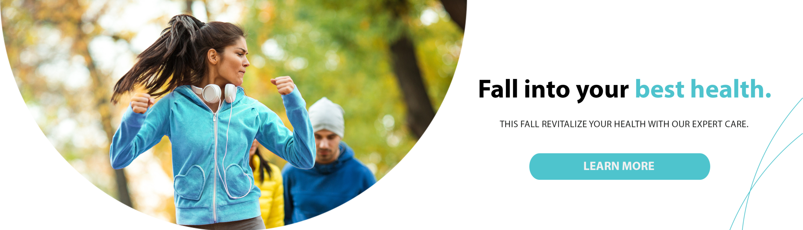 A woman in a blue jacket jogs through the park, with a man leisurely walking in the background. Text on the right invites you to "Fall into your best health with REGENICS" and encourages you to "Learn More.