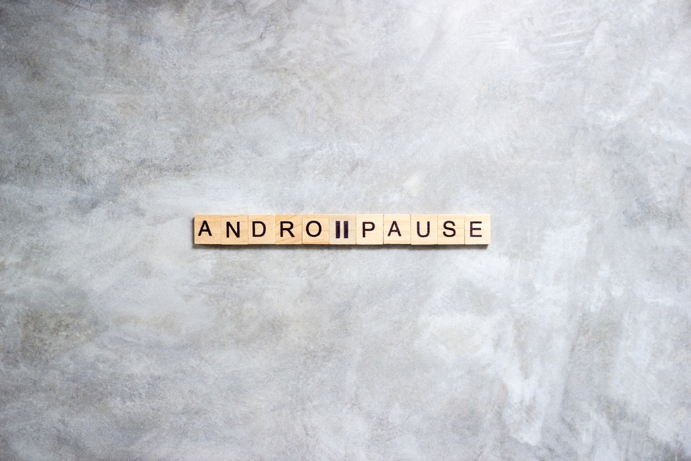 Andropause word and pause sign on wooden blocks with lettering on gray background