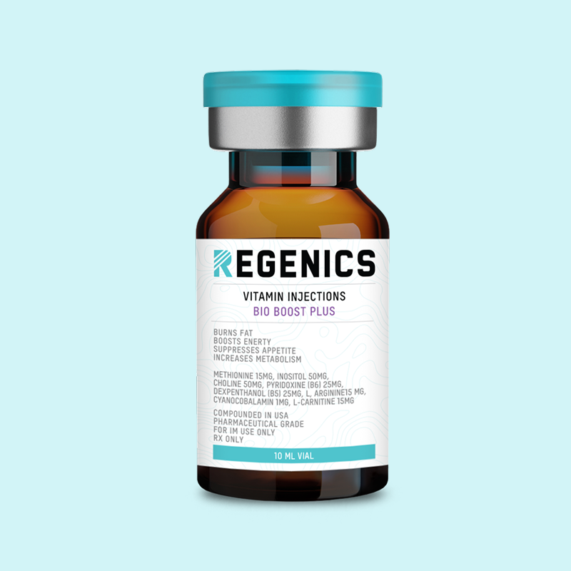 Set against a light blue background, an Elementor-designed brown vial labeled "Regenics Vitamin Injections Bio Boost Plus, 10 ml" exudes a modern and clean aesthetic.