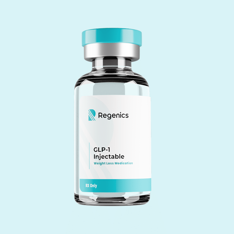 A turquoise-capped vial labeled "Regenics Injectable Compounded Semaglutide" sits elegantly on a light blue background