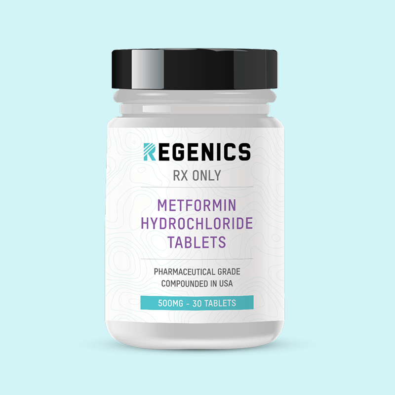 A bottle labeled "Regenics RX Only Metformin Hydrochloride Tablets," contains 30 tablets of 500mg each.