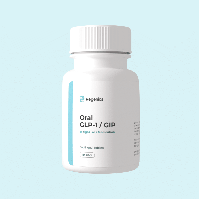 A white bottle labeled "Regenics Peptide Troches Tirzepatide" features details on weight loss and appetite suppression. Contains 30 troches.