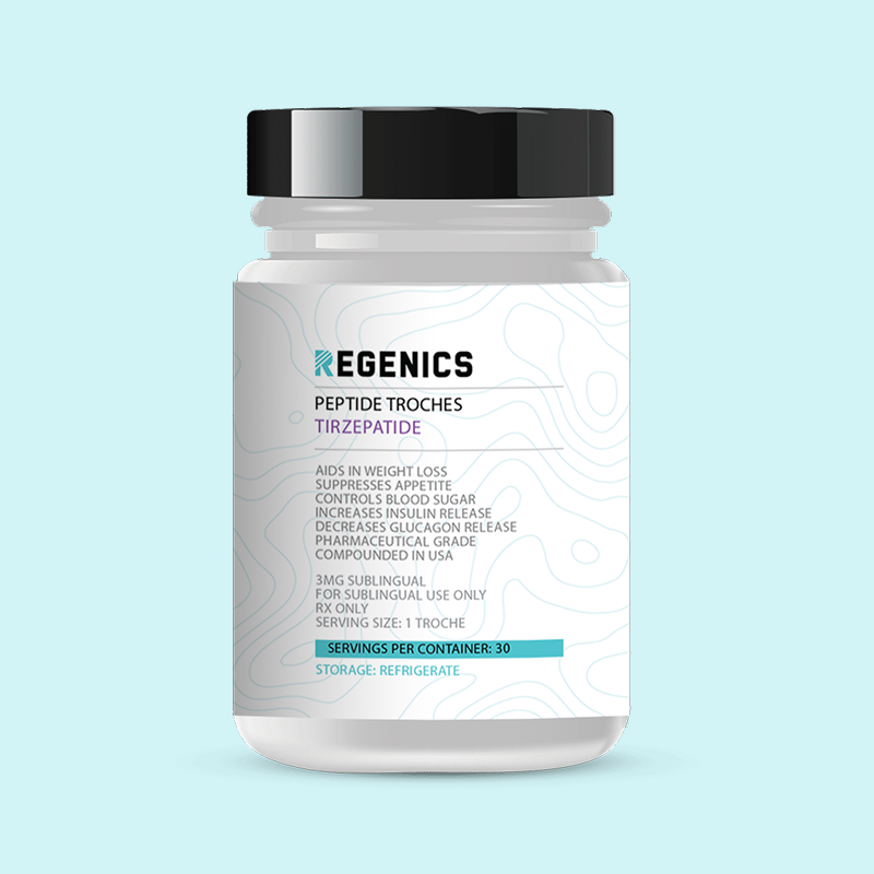 A white bottle labeled "Regenics Peptide Troches Tirzepatide" features details on weight loss and appetite suppression. Contains 30 troches.