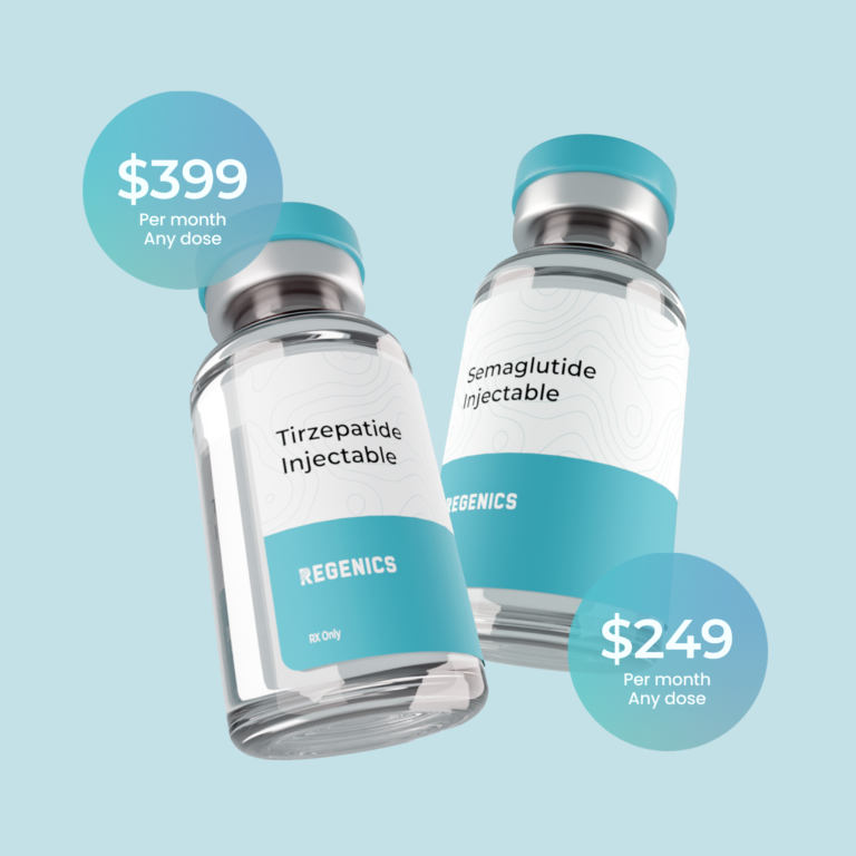 Two vials labeled "Tirzepatide Injectable" and "Semaglutide Injectable," offered by Regenics at $399 and $249 per month, respectively, on a light blue background.