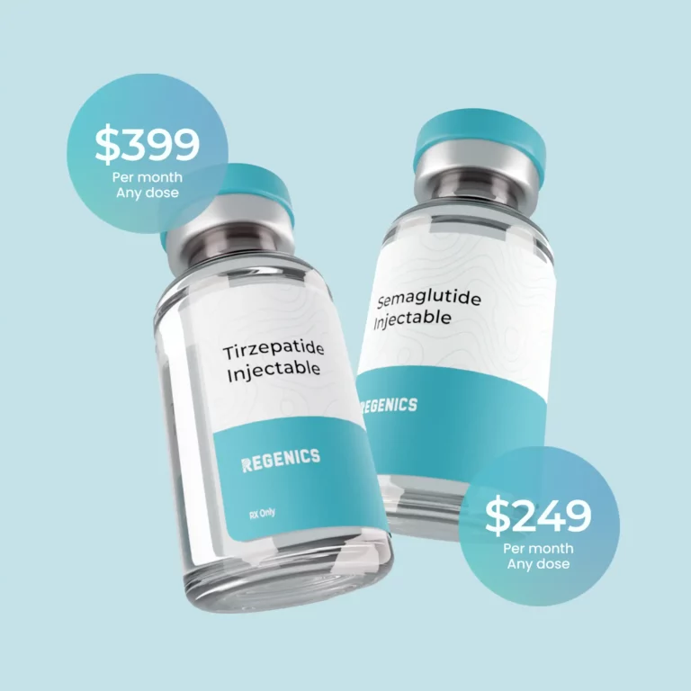 Two vials labeled "Tirzepatide Injectable" and "Semaglutide Injectable" with prices of $399 and $249 per month, respectively, on a blue background.