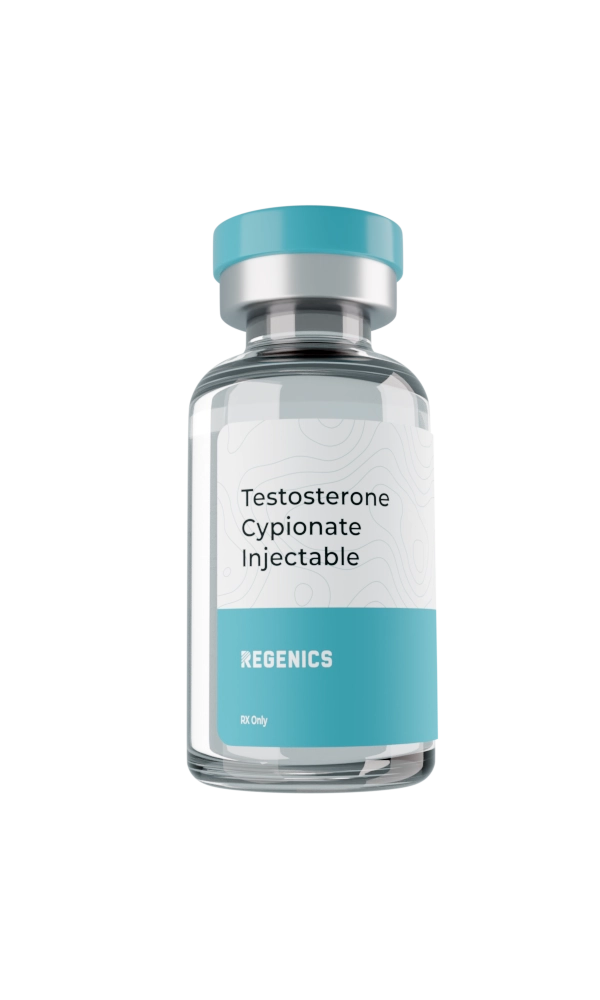 A clear vial with a teal cap, labeled "Testosterone Cypionate Injectable" and "REGENICS," sits against a white background, ideal for testosterone replacement therapy enthusiasts seeking reliable solutions.