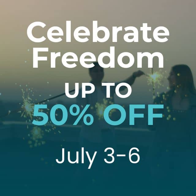 Text reads "Celebrate Freedom UP TO 50% OFF July 3-6" over a blurred image of people holding sparklers—don’t miss the Regenics Sale ahead of Black Friday 2024!.