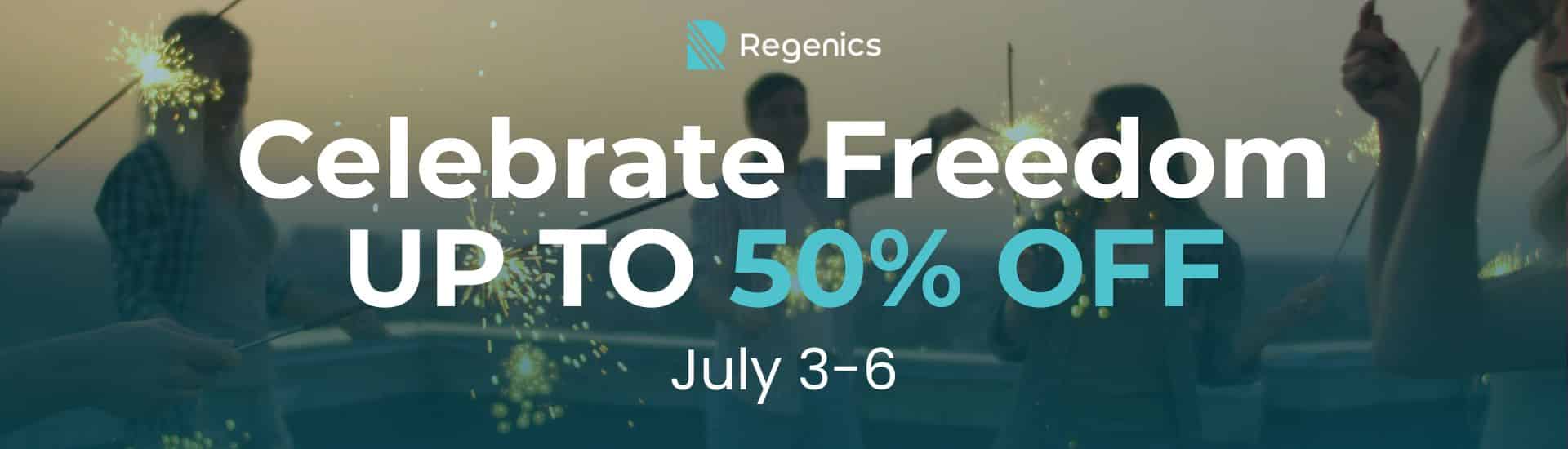 A group of people holding sparklers with overlaid text: "Regenics Black Friday. Celebrate Freedom. Up to 50% Off. July 3–6.